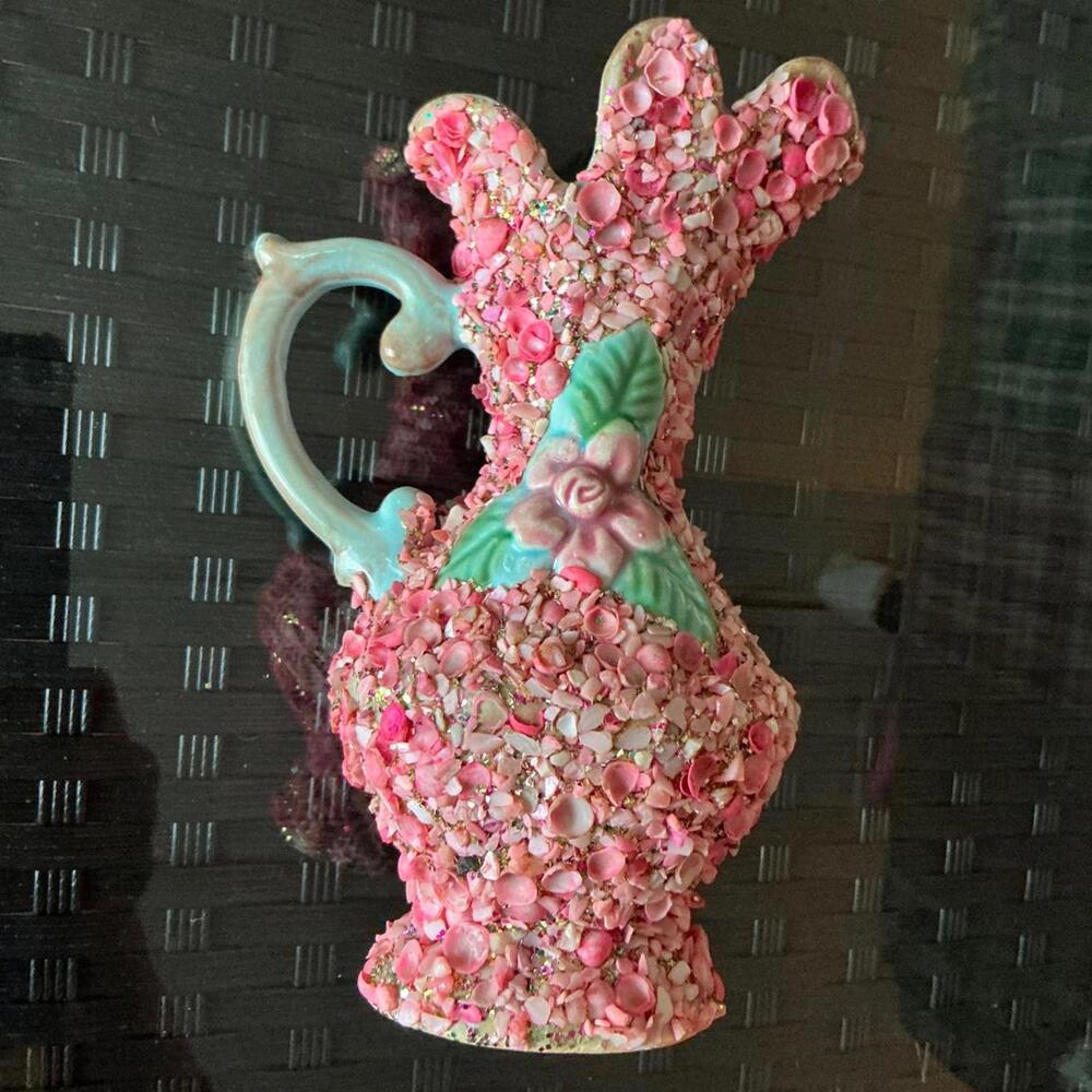 Vintage MCM Pink Floral Rose Sea Shell Art Encrusted Ceramic Pitcher Blue Vase